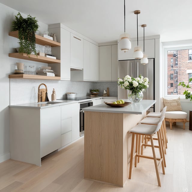 A modern, Scandinavian-inspired kitchen that balances minimalist design with warm, organic textures.