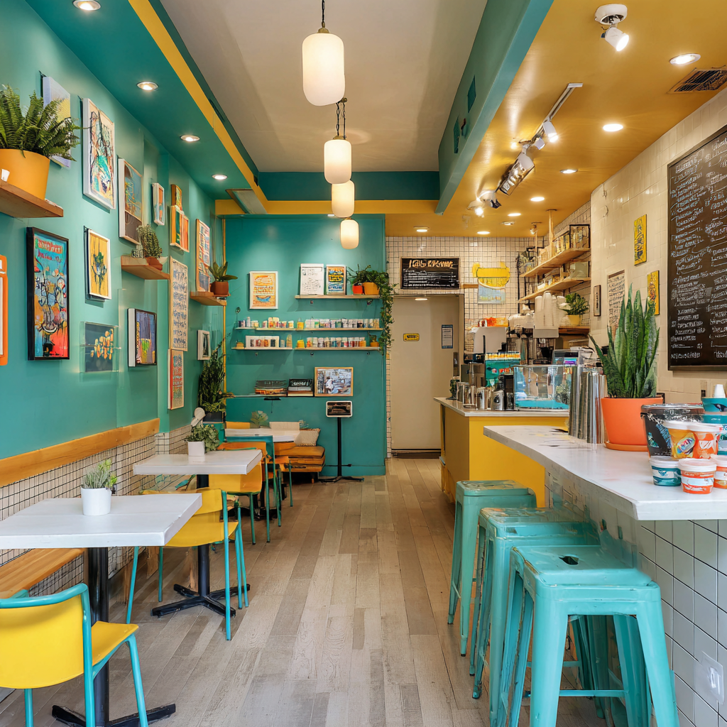 A bright and youthful coffee shop interior features teal walls with framed artwork, a yellow ceiling, light wood-style flooring, white tabletops with yellow chairs, and a yellow counter area with teal bar stools.