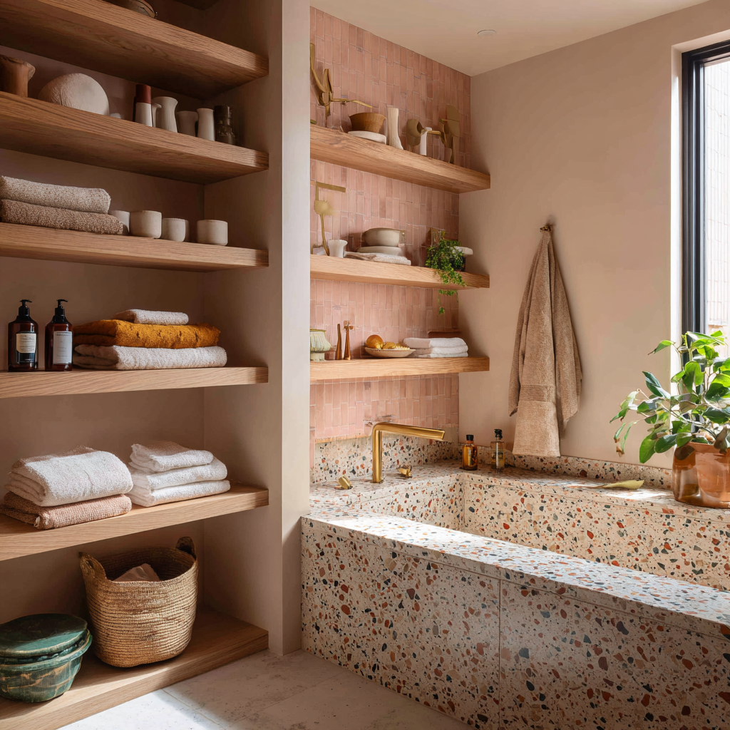 Built-in terrazzo tub with chunky multicolor chips.
