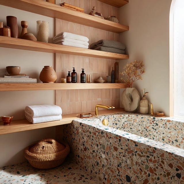 Built-in terrazzo bathtub with wood shelves and towels.