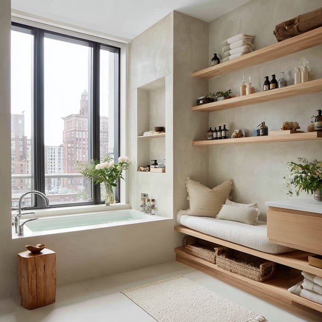 A modern, spa-like primary bathroom characterized by a minimalist, 