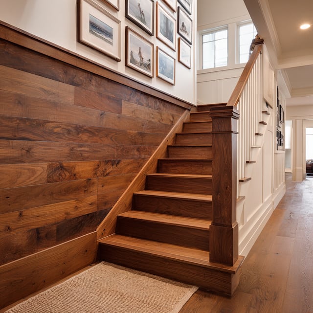 A beautiful warm brown wooden staircase with framed photos on the walls.