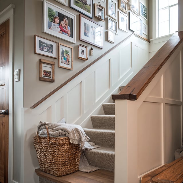 Staircase with gallery wall, wood handrail, and woven basket.