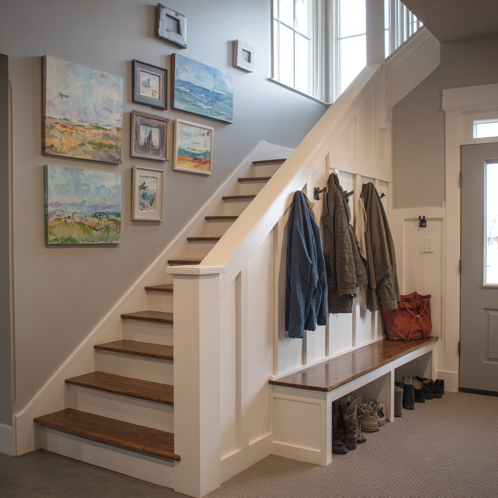 Image: [The casual Pennsylvania entryway with a built-in bench, coat hooks, and shoe storage tucked beneath the staircase]
