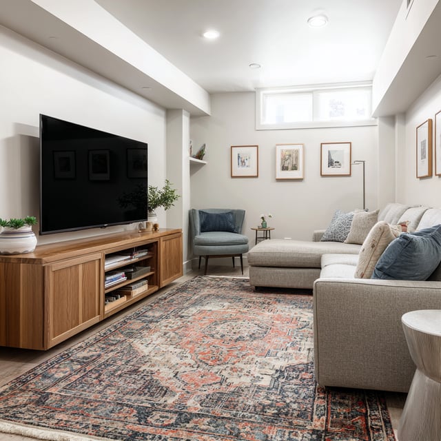 A cozy basement TV room features a large television on a light wood media console, a neutral-colored sectional sofa, a patterned area rug, and an accent armchair under a small window.