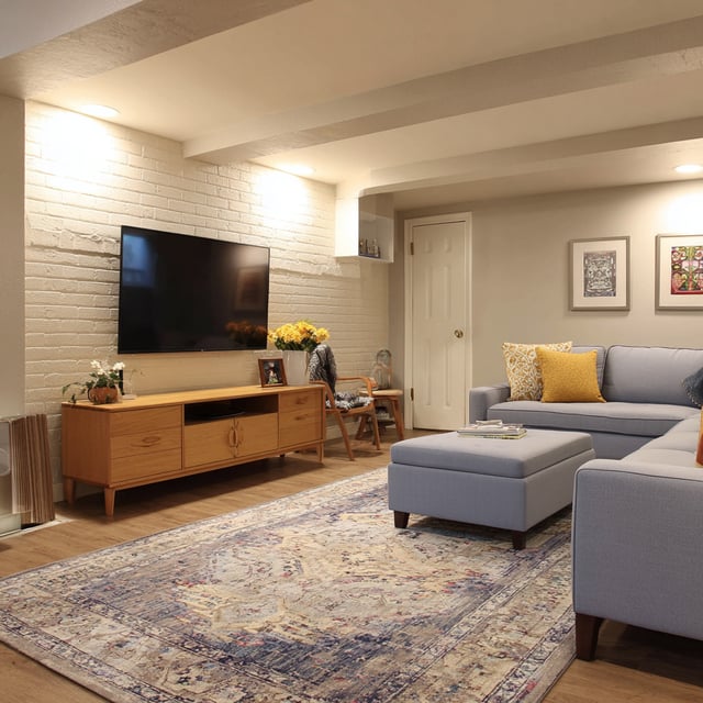 Casual basement TV room with blue sofa and white brick wall.