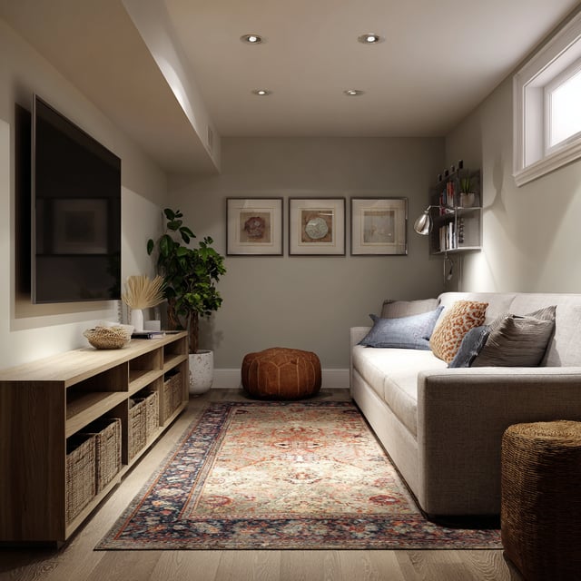 A cozy and casual basement TV room that maximizes a smaller footprint with warm, inviting textures and thoughtful lighting.