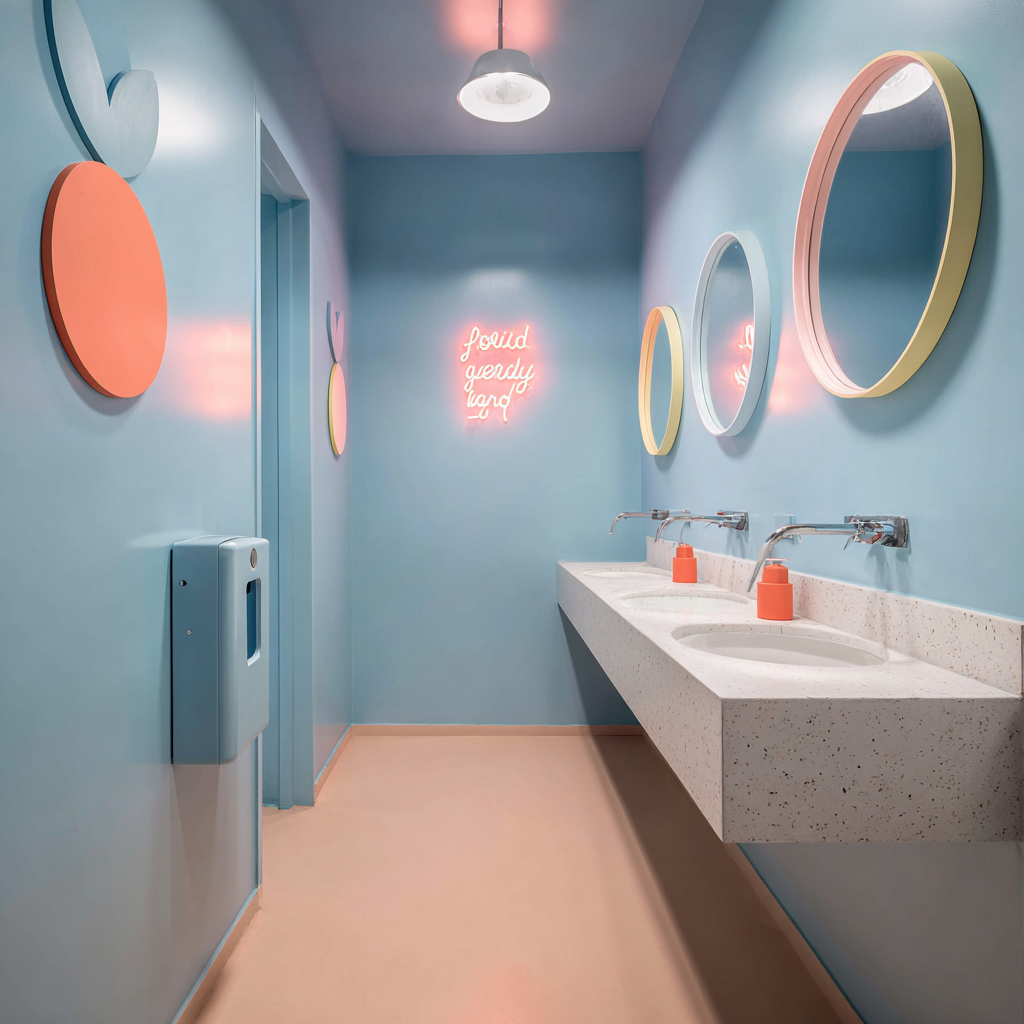 Vibrant blue and peach bathroom with round mirrors and neon.