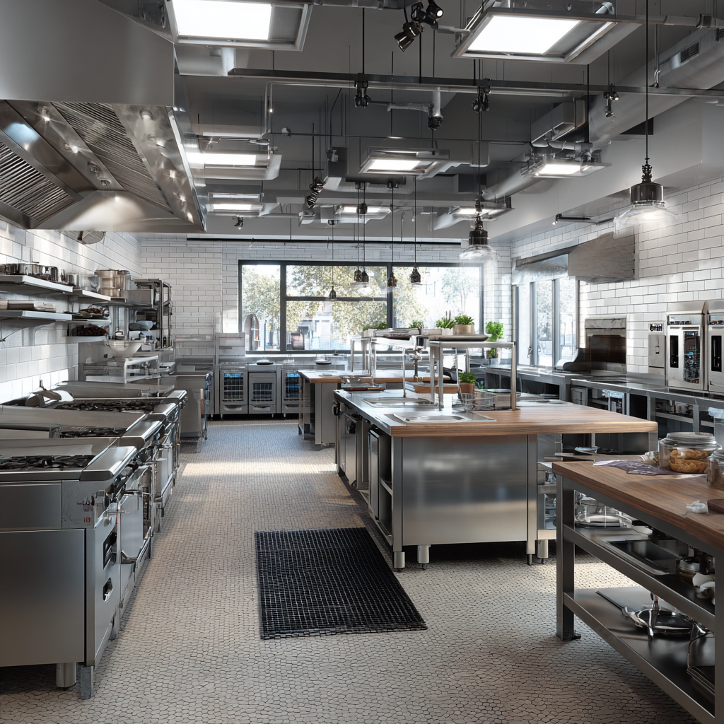A wide view of a modern, chef-driven commercial kitchen with a large stainless steel island, multiple cooking ranges, and bright overhead lighting.