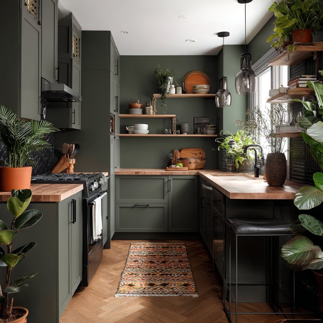 A chic and highly functional square kitchen with dark green cabinets.