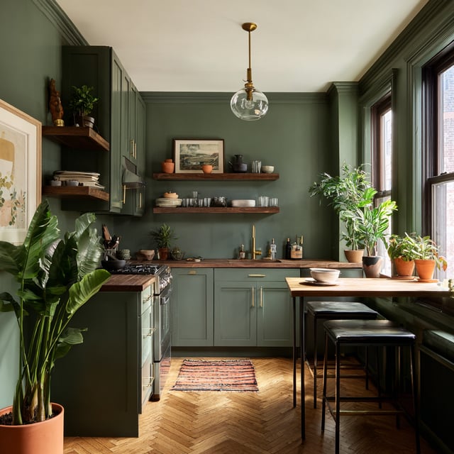 Green kitchen with wood counters and herringbone floors.