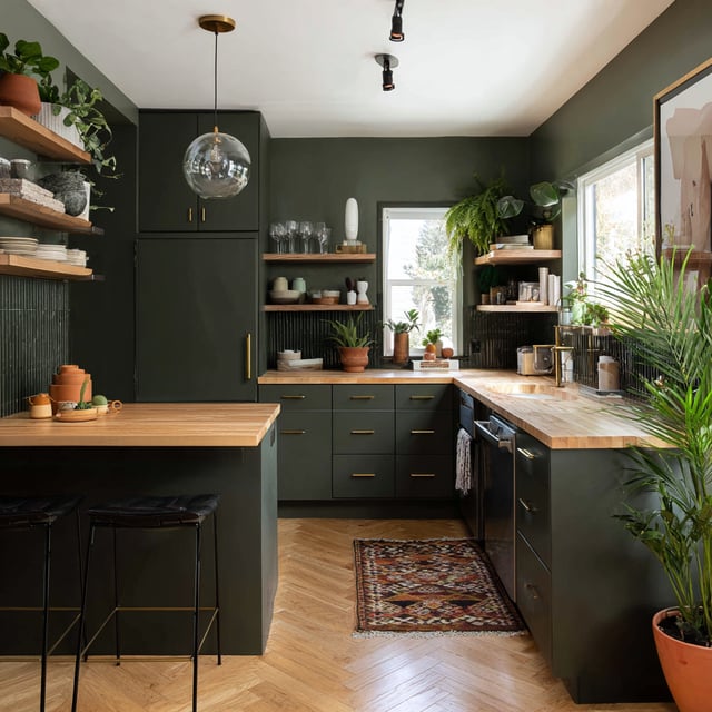 Dark green kitchen with butcher block counters and plants.