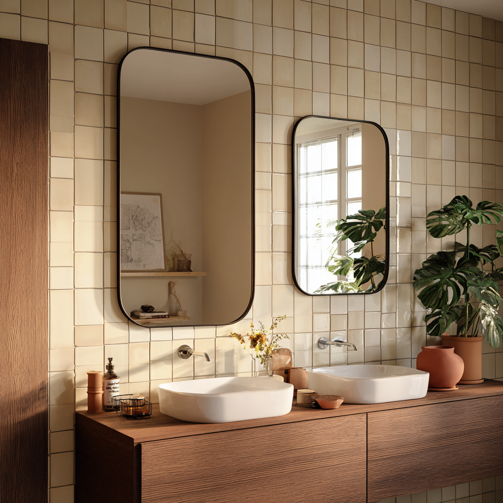 A modern bathroom setup features two vessel sinks atop a warm brown wood vanity, with a large, black-framed rectangular mirror on the left and a slightly smaller, matching mirror on the right reflecting a window, all set against a wall covered in light beige square tiles.