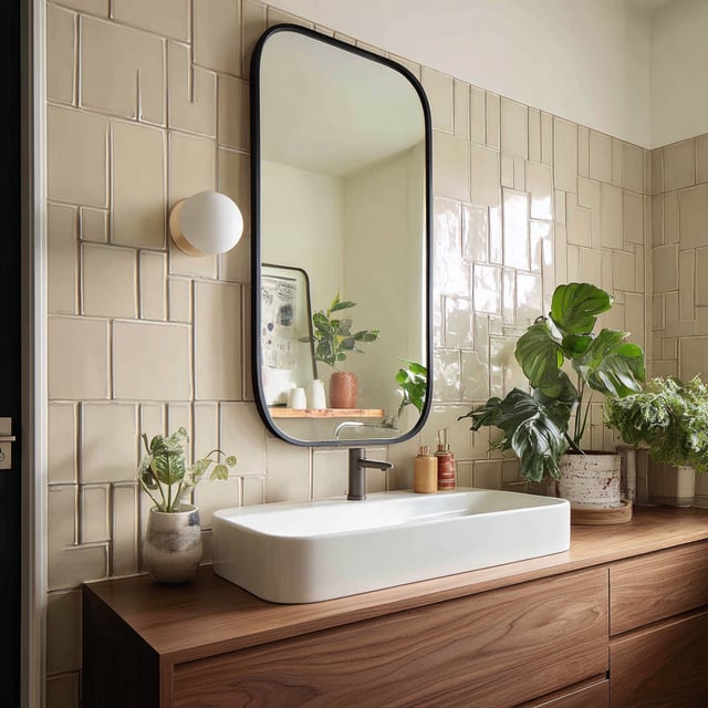 A stylish, contemporary bathroom vanity area that blends organic textures with modern lines.