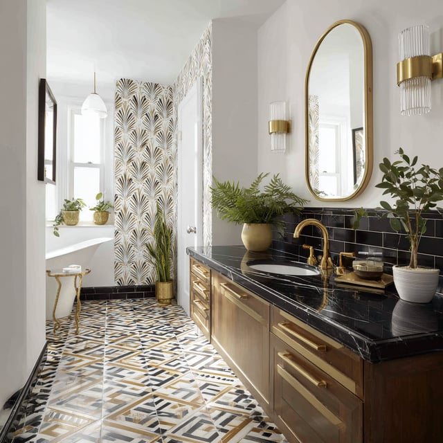 Art deco bathroom with patterned floor and gold accents.
