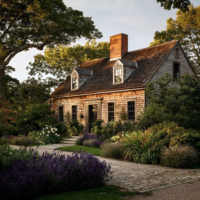 A classic New England saltbox house featuring weathered cedar shingle siding, a steeply sloped asymmetrical gable roof, and traditional dormer windows.