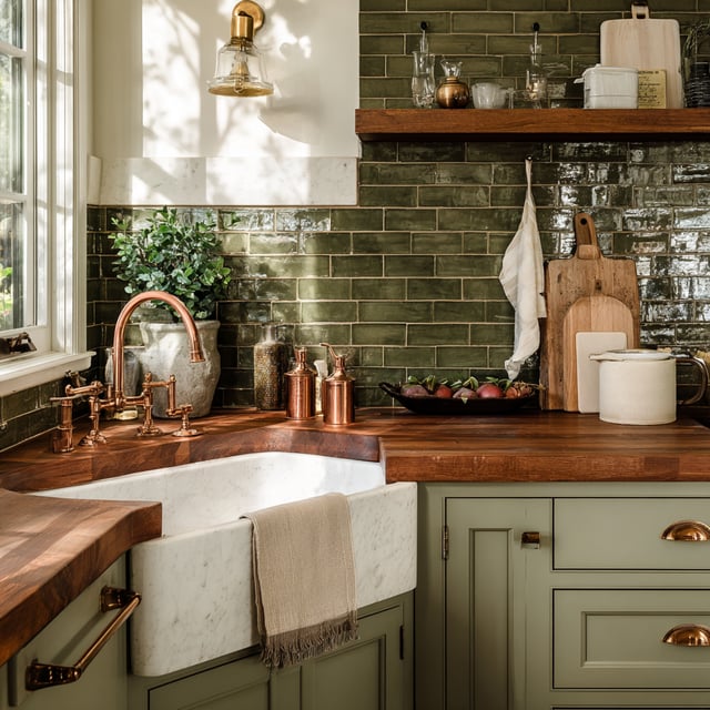 Green kitchen with copper faucet, marble sink, and wood top.