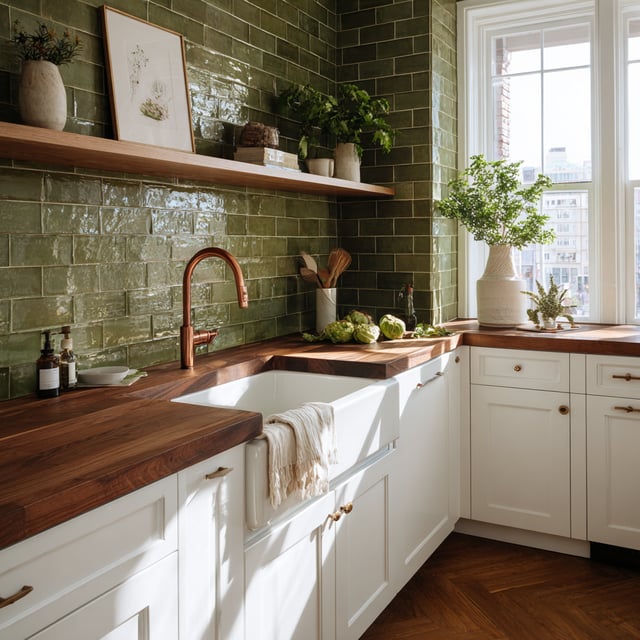 A classic farmhouse kitchen featuring a white apron-front sink, dark wood countertops, and glossy green subway tile backsplash.