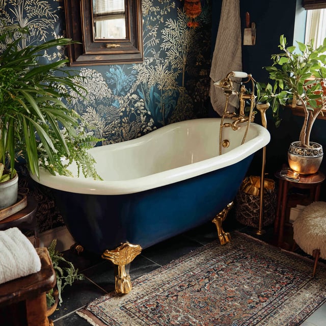 Deep navy blue clawfoot tub in a maximalist bathroom.