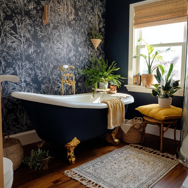 Clawfoot tub in a bathroom with dark floral wallpaper.