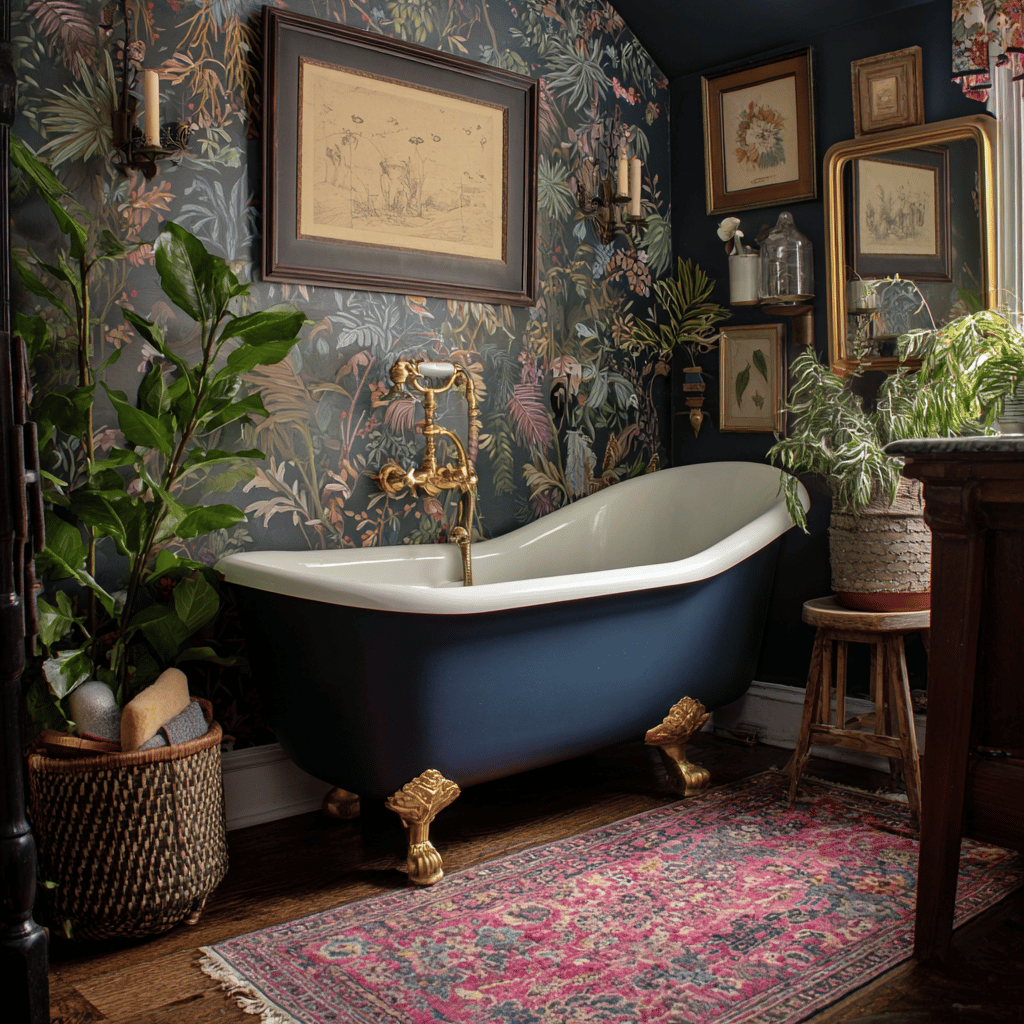 Navy clawfoot tub, gold feet, floral walls, and pink rug.