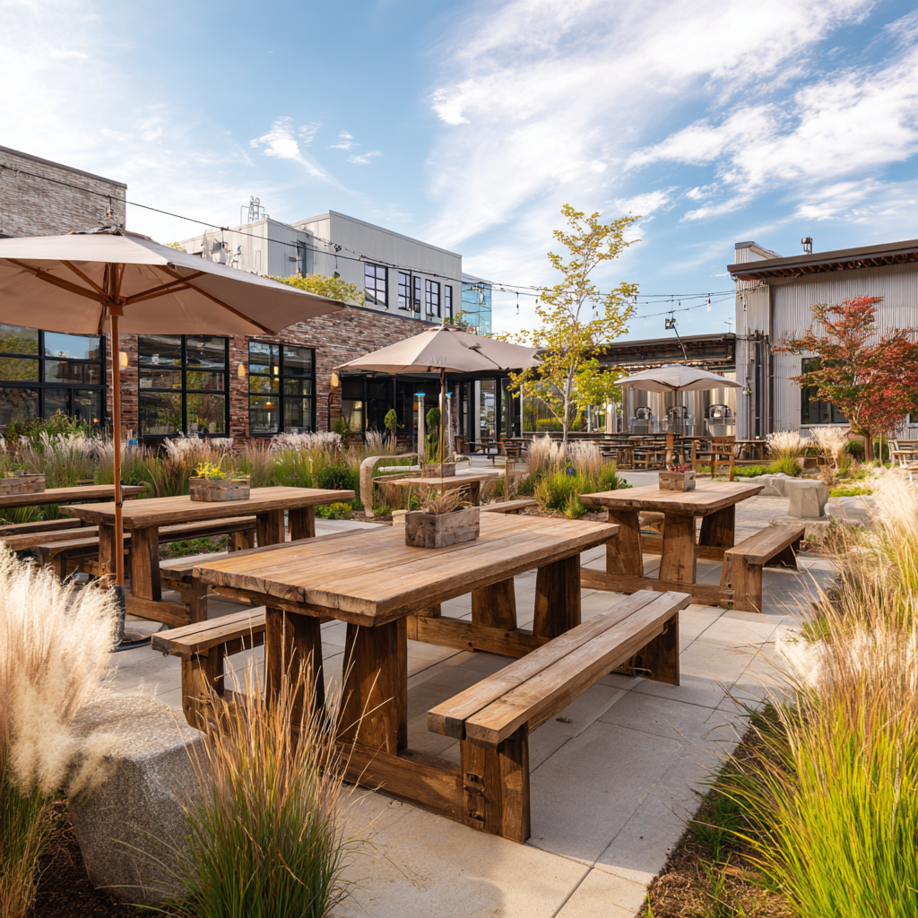 A clean, landscaped outdoor seating area with wooden picnic tables, benches, and umbrellas, surrounded by tall ornamental grasses.