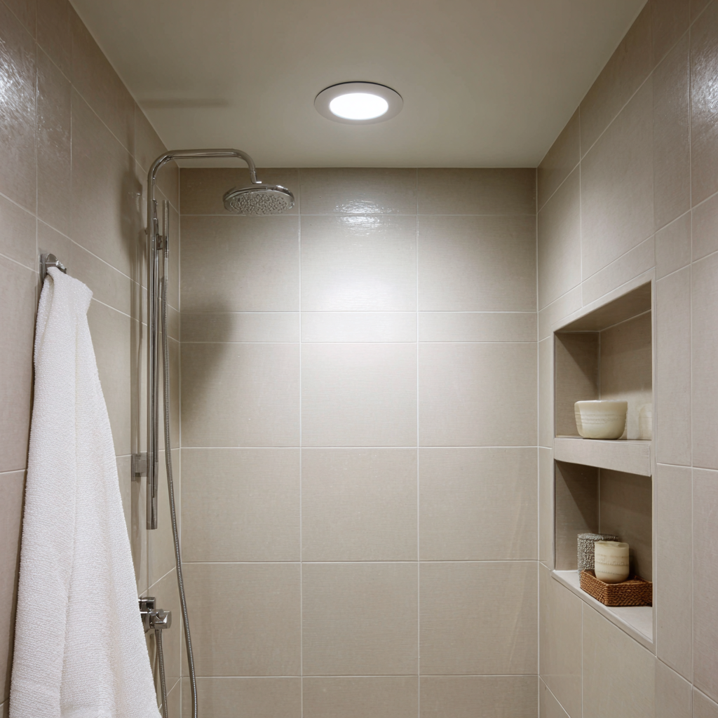 A modern, minimalist walk-in shower featuring a neutral, monochromatic color palette.