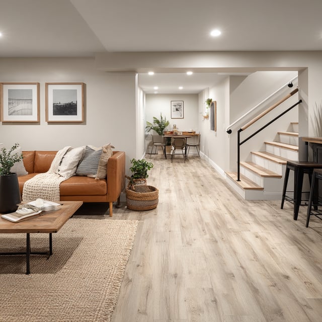 Modern basement with wood floors, leather sofa, and stairs.