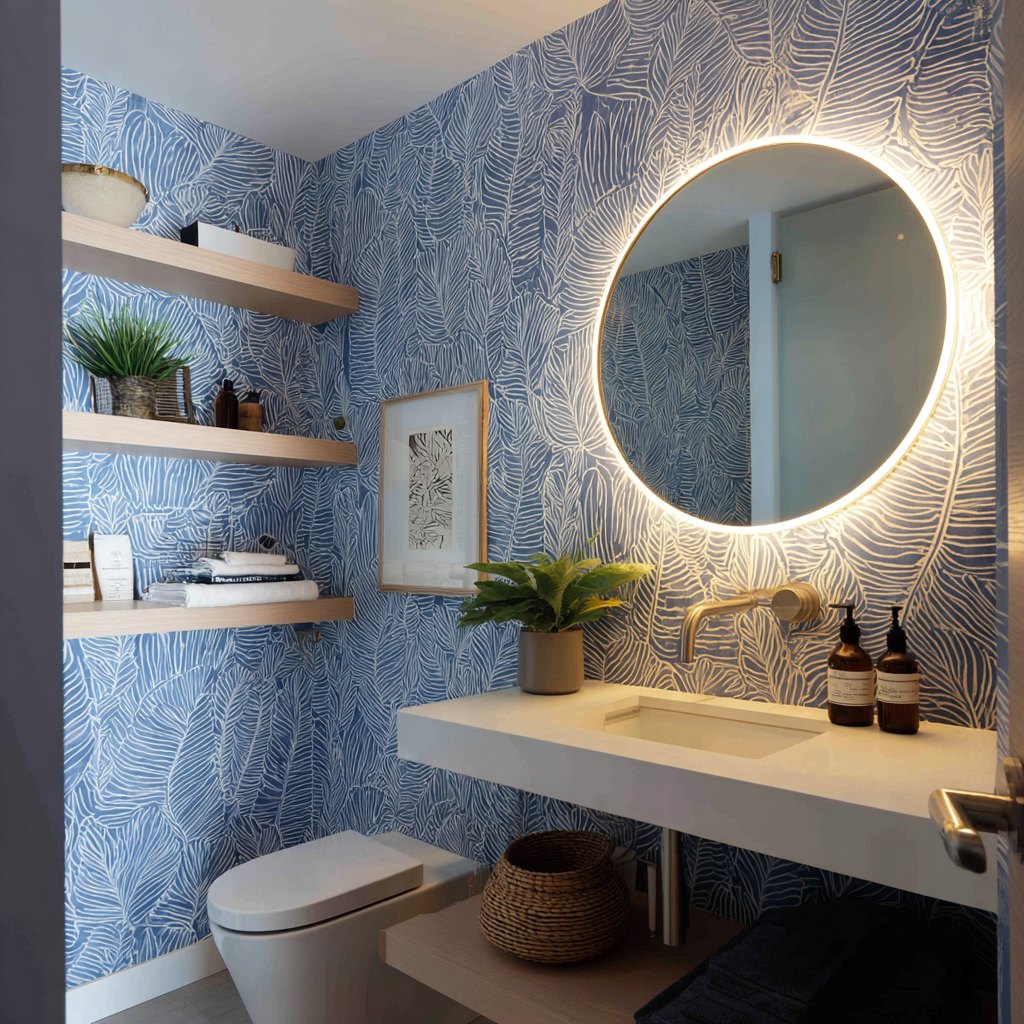 A blue and white leaf-patterned wallpapered bathroom with a round lighted mirror.