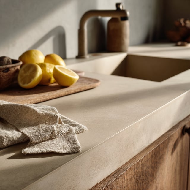 A minimalist kitchen featuring a seamless matte countertop with an integrated rectangular sink.