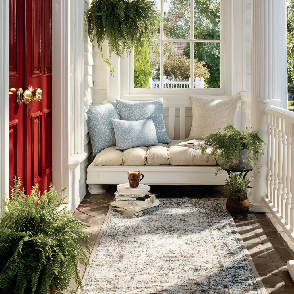 A sunlit colonial porch featuring a cozy white daybed adorned with blue and cream pillows, lush ferns, and a vintage-style rug.