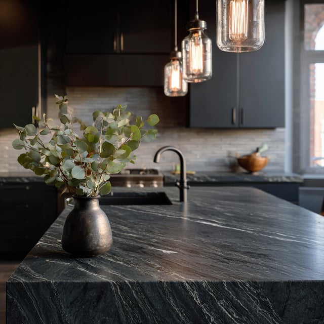 A close-up of a deep charcoal granite countertop with white veining in a dark modern kitchen, featuring a black vase with eucalyptus, a black faucet, and exposed filament pendant lights.