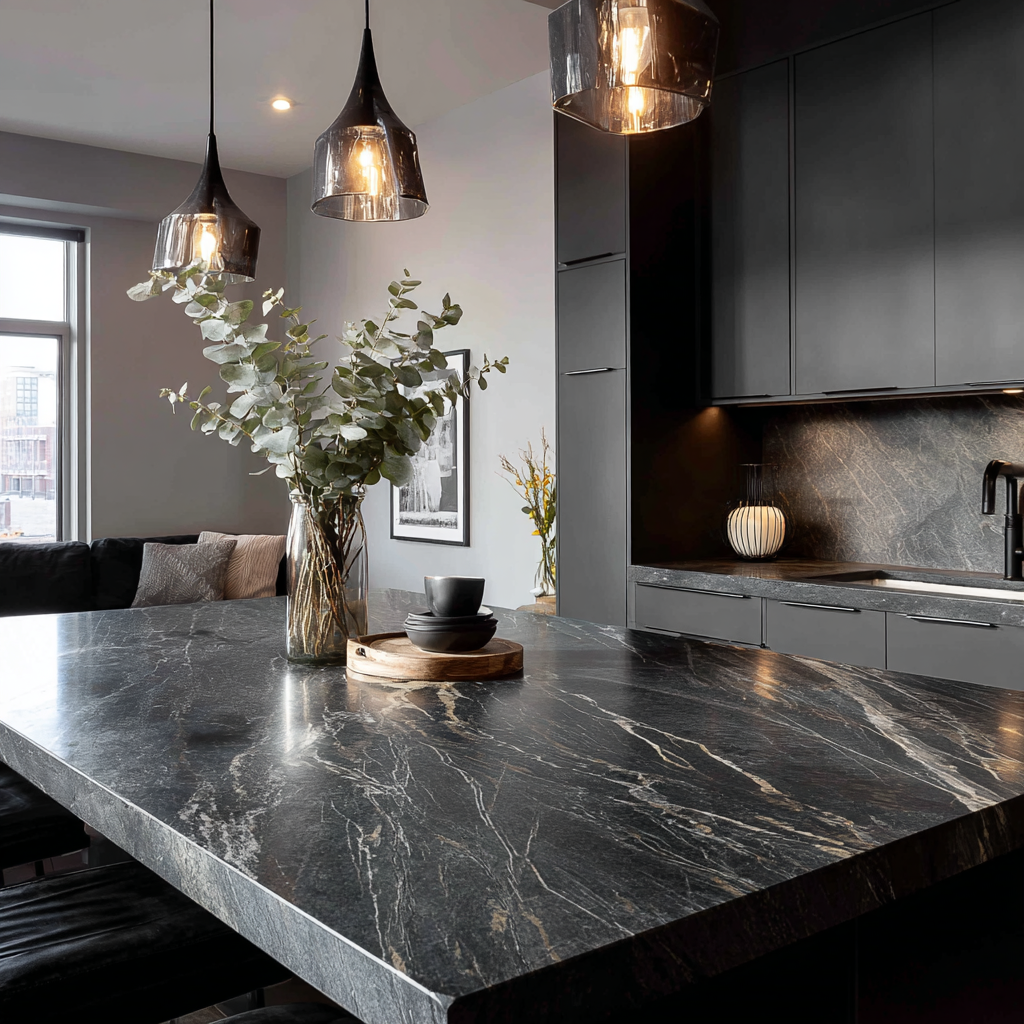 Modern kitchen with dark stone island and pendant lights.