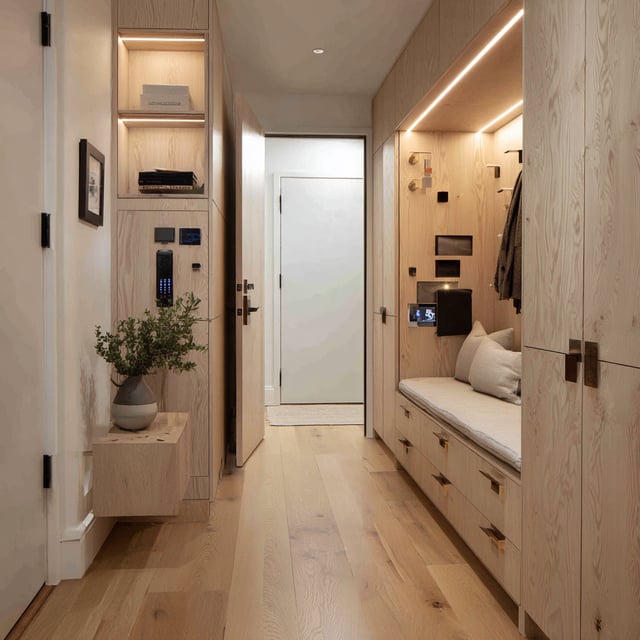 Wood mudroom with built-in bench, lighting, and cabinets.