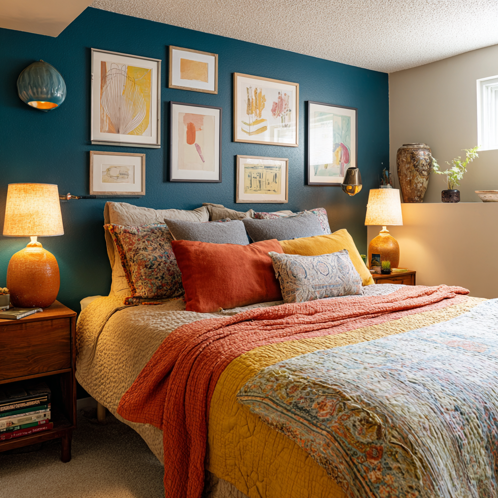 colorful basement bedroom with teal accent wall and gallery art