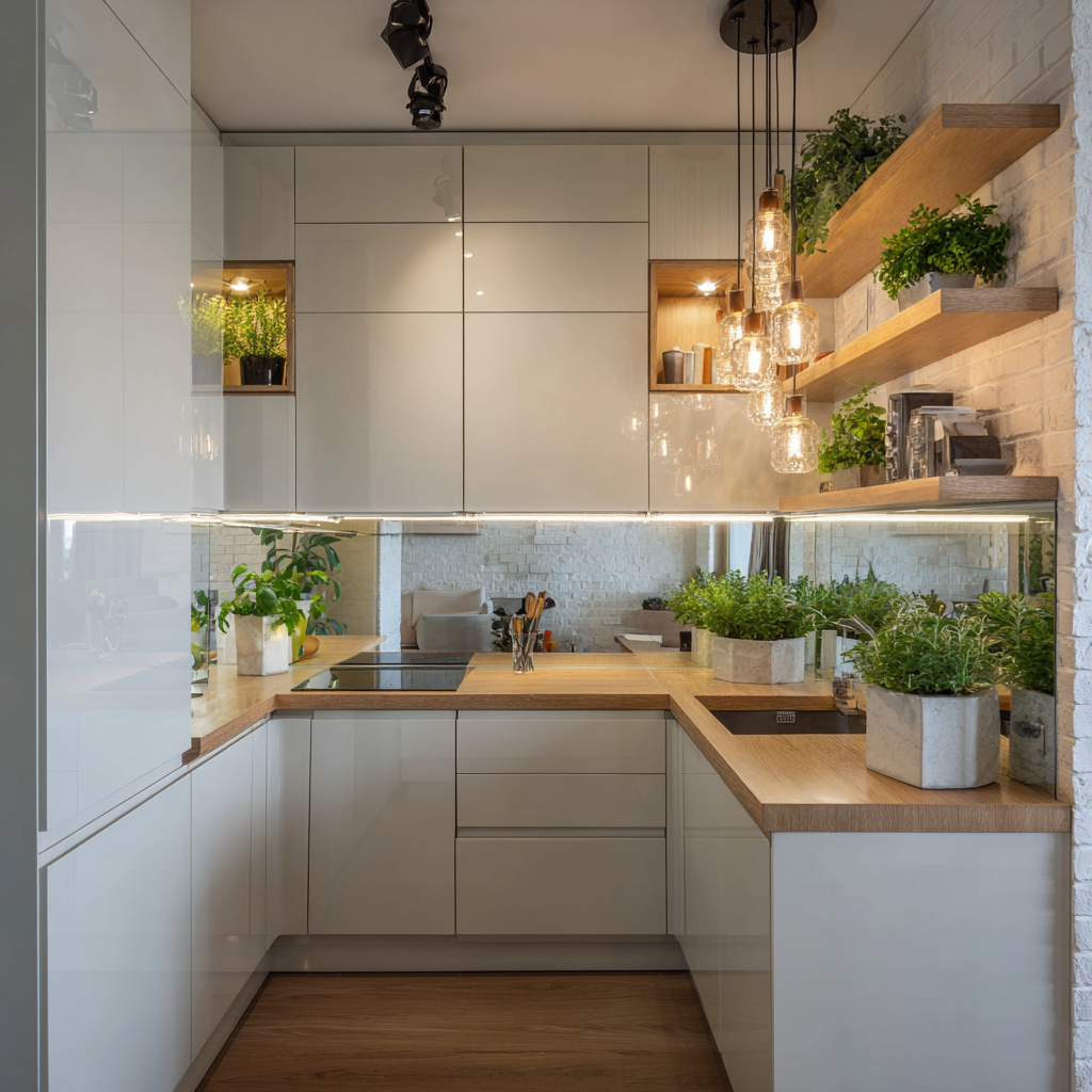 An ultra-modern, compact kitchen maximizes its windowless space with glossy white cabinetry, a mirrored backsplash that adds depth, and warm wooden accents featuring integrated greenery and Edison-bulb pendant lighting.