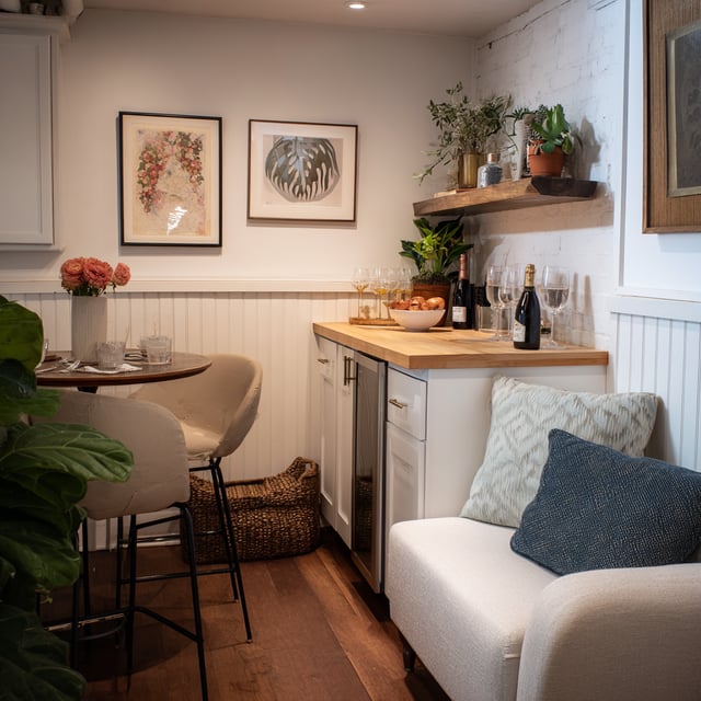 Compact white home bar with a wood counter and small sofa.