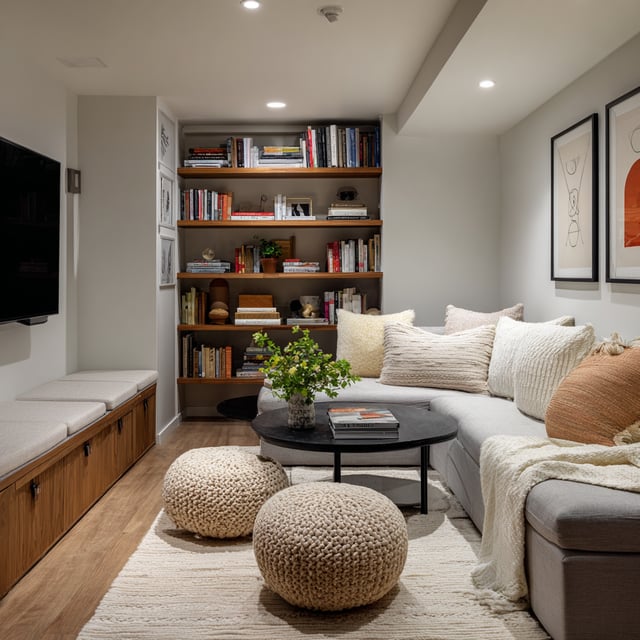 Cozy family room with a grey sectional and knit poufs.