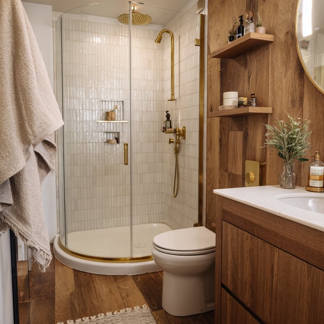 Warm modern bathroom with a curved glass corner shower featuring cream vertical subway tiles, brushed brass rainfall fixtures and trim, rich walnut wood vanity and wall panels, white countertop, and a cozy spa-inspired design.