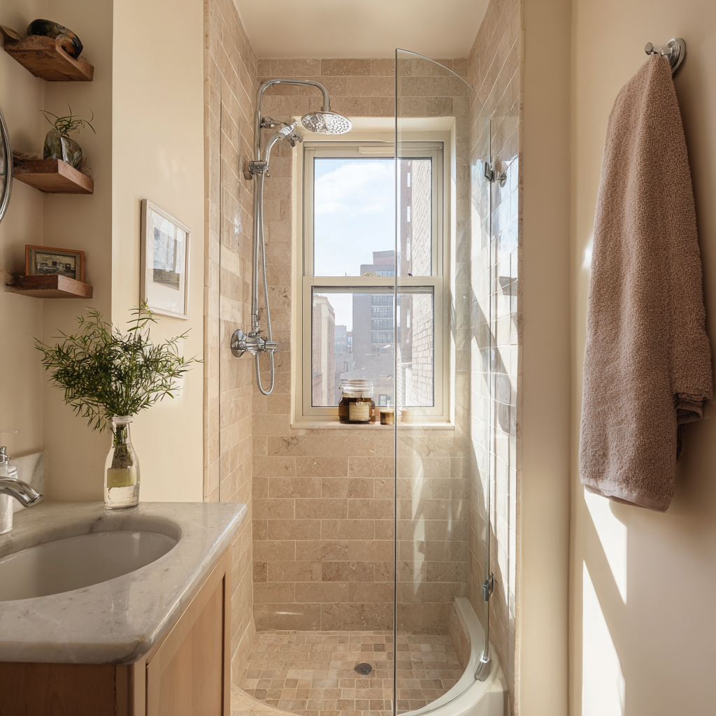 Warm, narrow bathroom featuring a curved corner walk-in shower with beige stone tiles and a frameless glass panel. Natural light from the window enhances the soft, neutral tones, while wood shelving, greenery, and a stone vanity add a calm, spa-like feel in a compact urban space.