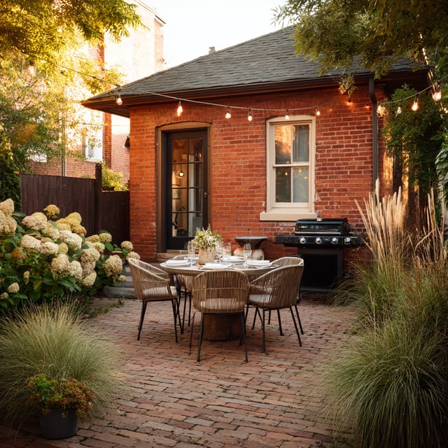 Brick patio with a round table, string lights, and grill.