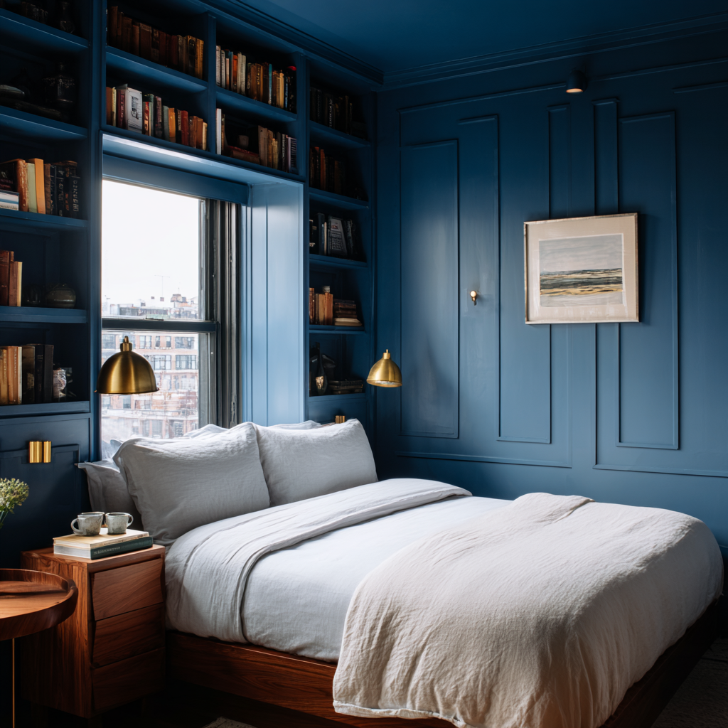 A compact city bedroom with walls ceiling