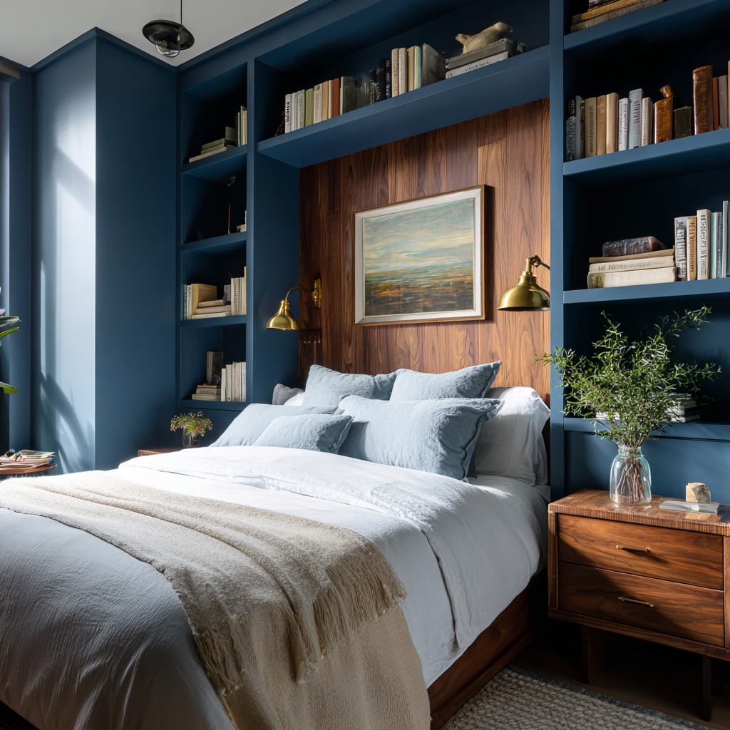 A deep blue bedroom featuring built-in shelving surrounding a bed, a warm wood headboard wall, and gold sconces over matching wooden nightstands.