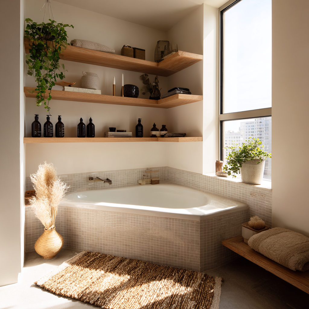 Corner tub set into a tiled nook with small-format mosaic tile, floating shelves, and warm natural light.