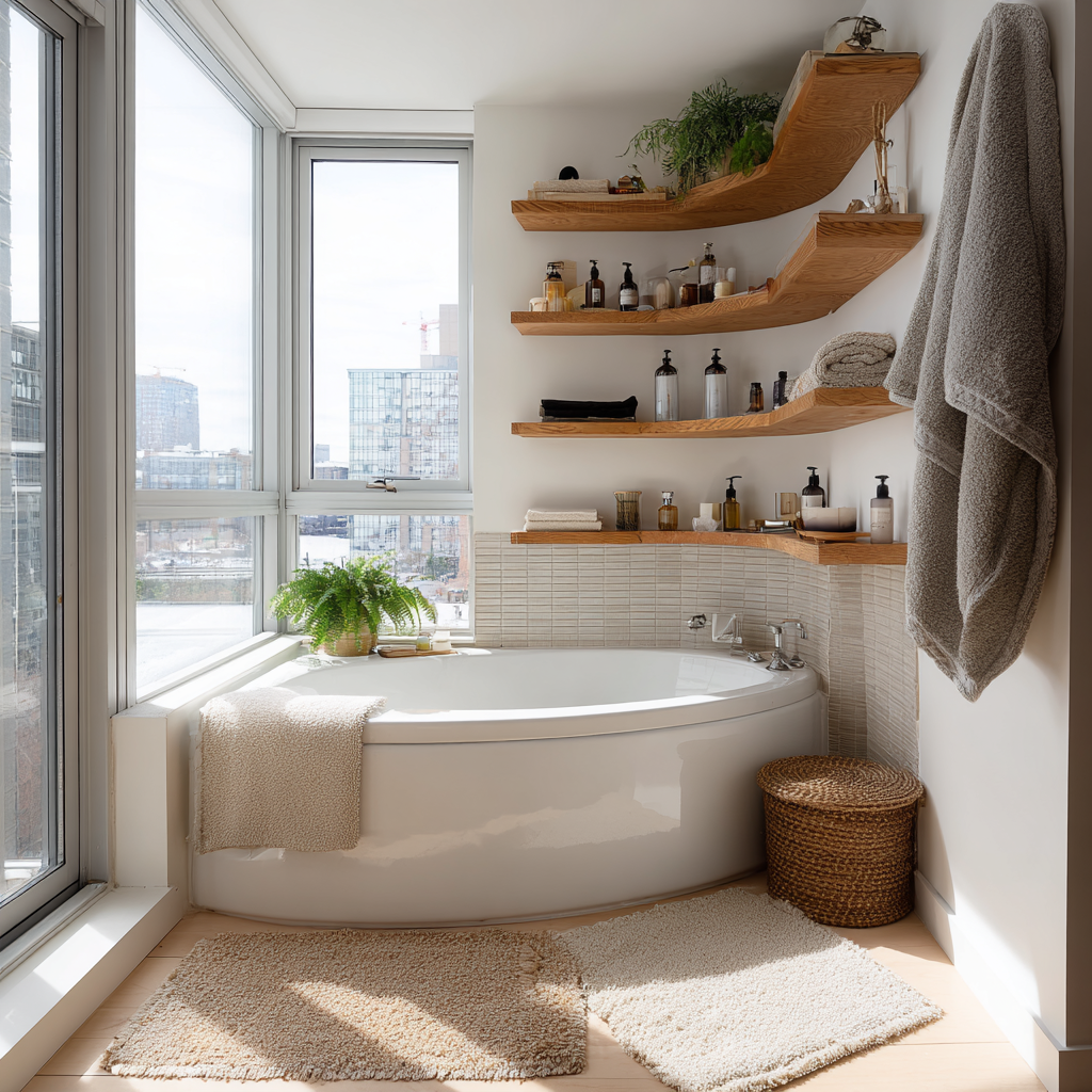 Compact corner soaking tub in a bright high-rise apartment with city views and curved wood shelving.