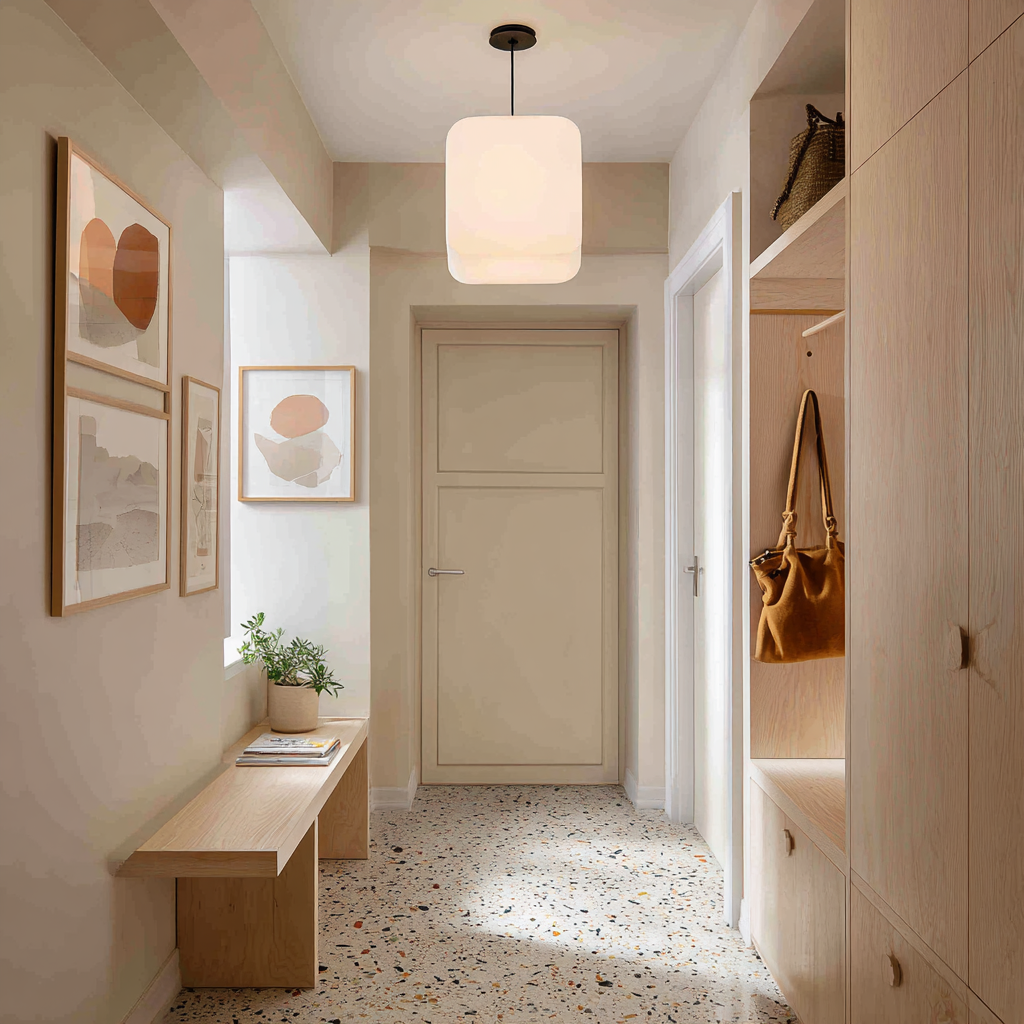 u5821215421_A_compact_corridor_with_a_frosted_cube_pendant_ov_dbef33ad-bf80-493d-89f9-21396e8a70a2_1