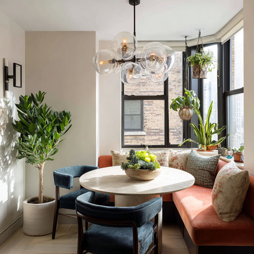 A compact dining nook with bold glass chandelier and a curved terracotta banquette.