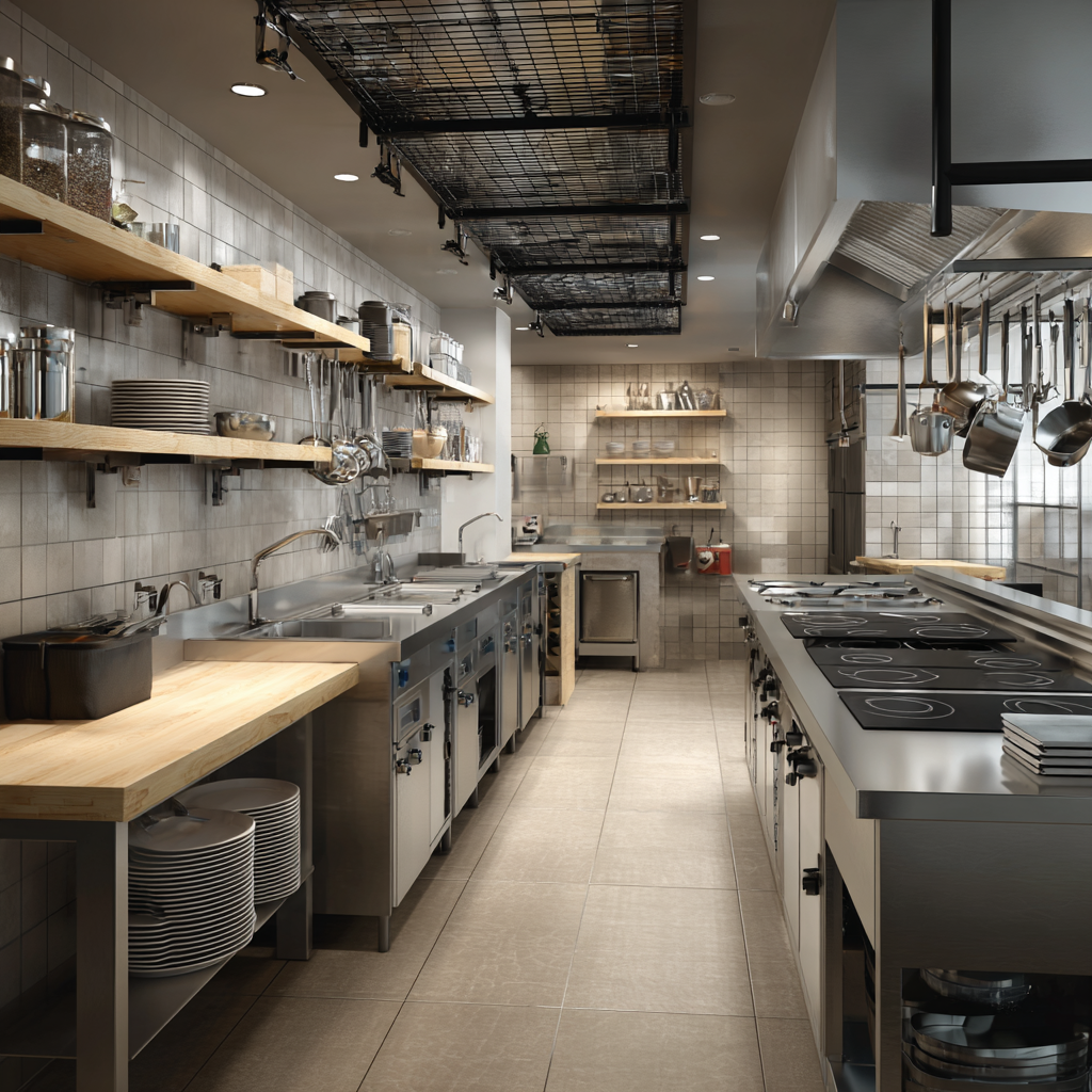 A long, narrow commercial kitchen with stainless steel appliances, a row of burners, a hood, and open shelving with dishes and supplies.