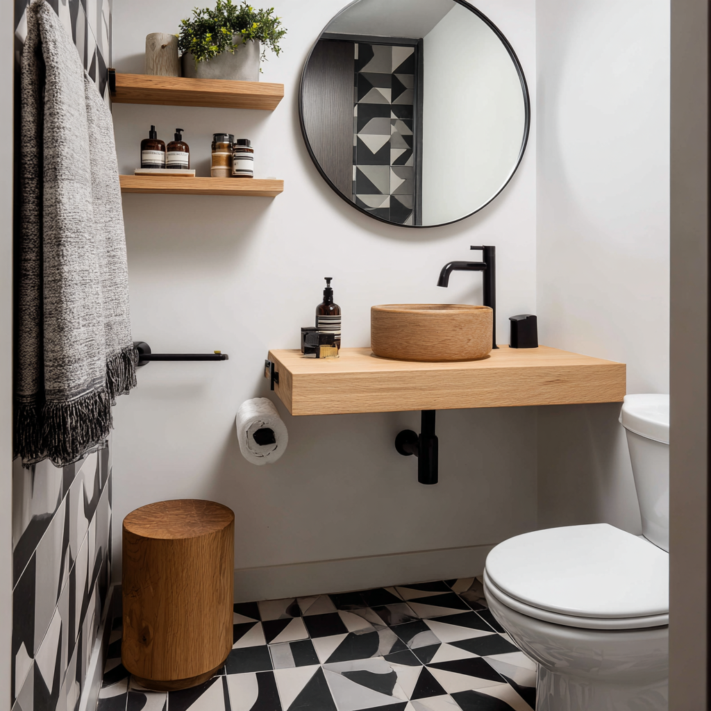 A compact half bathroom with wood sink and geometric tiles.