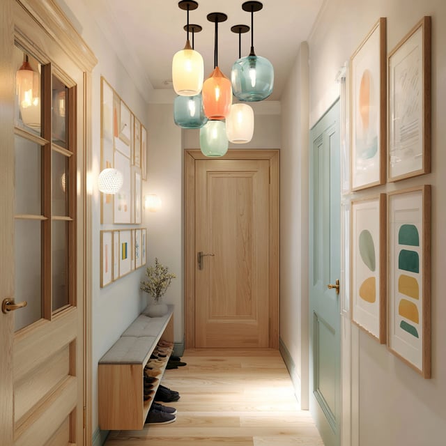A narrow, modern hallway with light wood finishes, abstract wall art, a small bench, and pastel glass pendant lights overhead.
